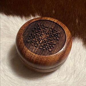 Handcrafted Brown Wood Trinket Box with Carved Floral Lid